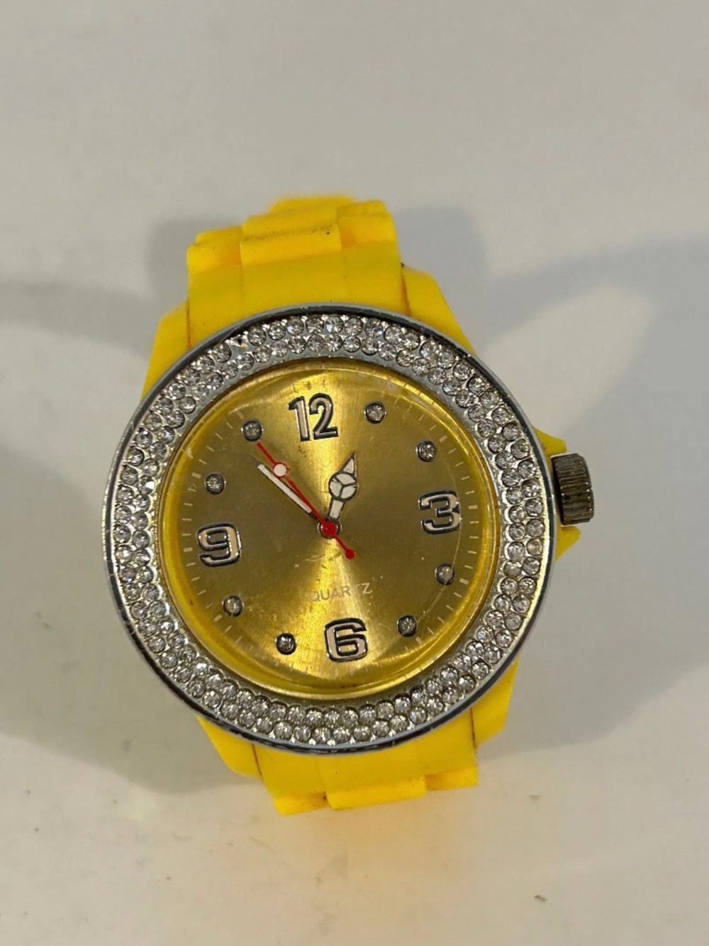Vintage Yellow Quartz Watch w/Clear Crystals & Rubber Band - Needs Battery